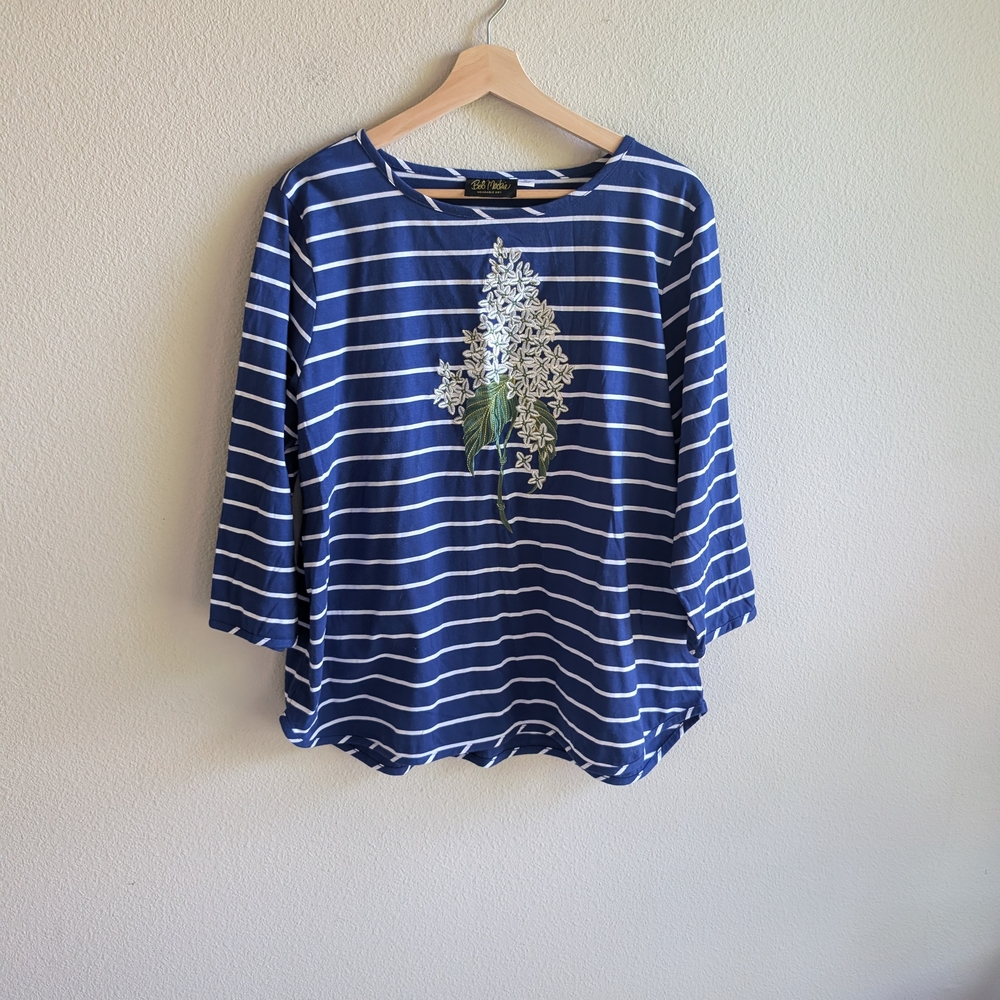 Blue and White Striped Top with Floral Design